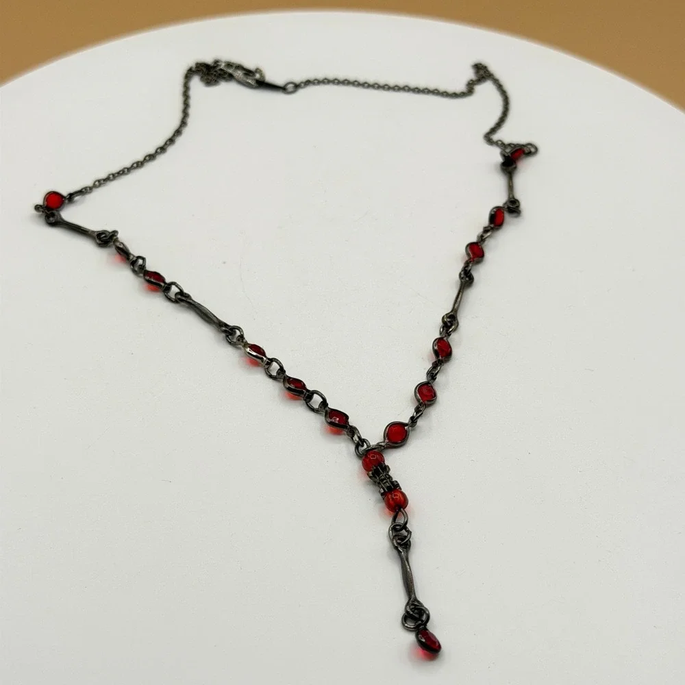 KOREN Red Crystal Y Drop Necklace Gunmetal Tone Gothic Victorian Statement Gift